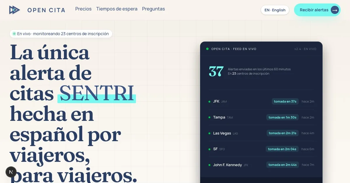 Panel en vivo de Open Cita, la versión en español de Appt Helper, mostrando citas siendo tomadas